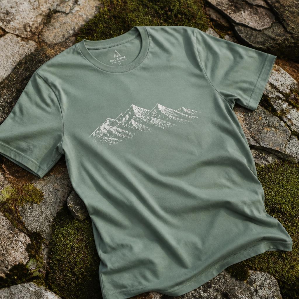 Berge statt Stress T-Shirt in Salbeigrün auf Naturstein